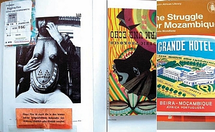 Hubert Fichte, picture taken by Leonore Mau, and Storm and Echo by Frederic Prokosch 1952, The Struggle of Mozambique 1969, and Grande Hotel luggage sticker until 1974